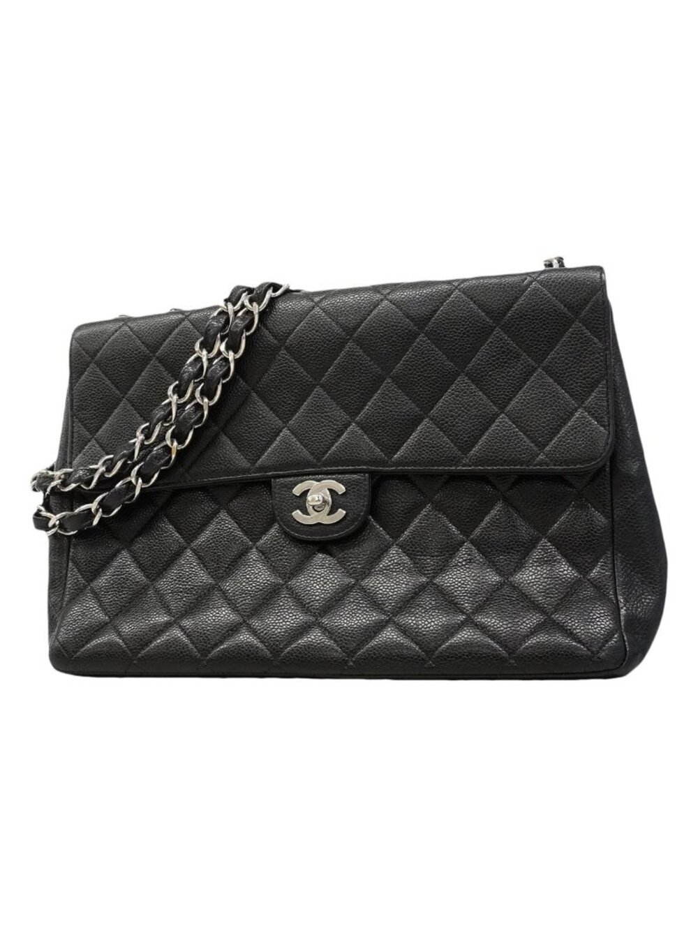 Chanel Shoulder Bag Maxi Quilted Caviar Leather Black Silver